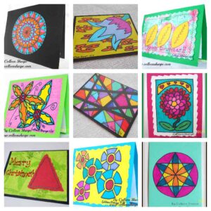 samples of hand-drawn hand-coloured mixed media cards