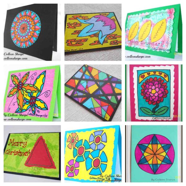 samples of hand-drawn hand-coloured mixed media cards