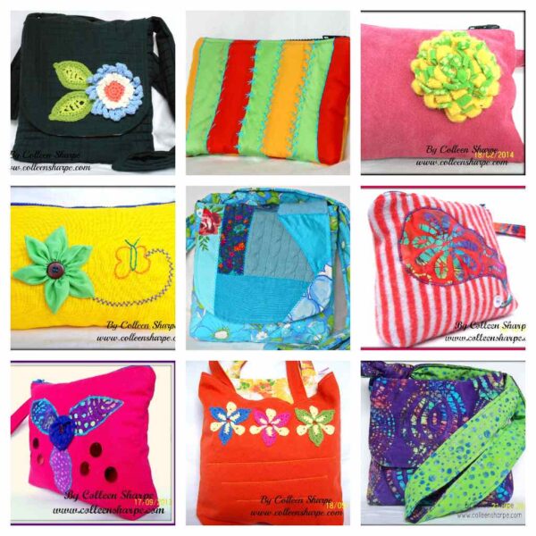 sample handmade wrist bags, cross-body bags, tote bags with upcycled fabrics and appliqued decoration by Nova Scotia maker