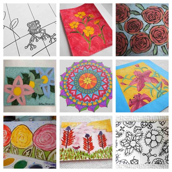 sample drawings and paintings of flowers and mandala by Nova Scotia maker