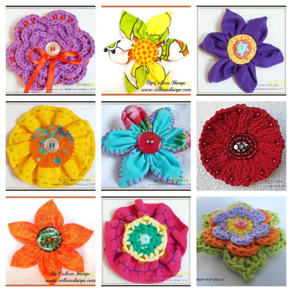 samples of colourful handmade eclectic flower fabric and yarn brooches