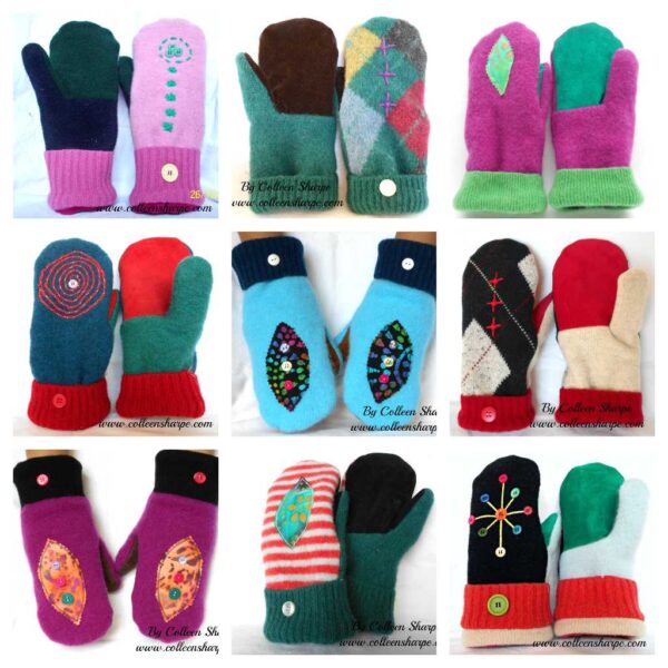 samples of eclectic and colourful handmade upcycled wool and suede mittens