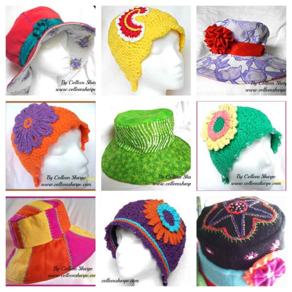 samples of eclectic sunhats, winter hats, and spring hats in crocheted and sewn styles