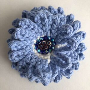 periwinkle blue crocheted beaded flower brooch
