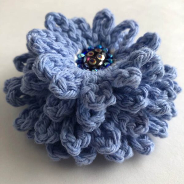 periwinkle blue crocheted beaded flower brooch