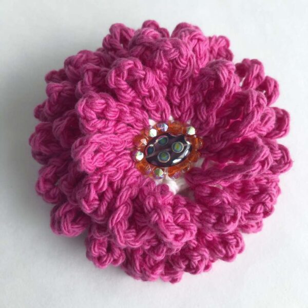 bright pink fuschia crocheted beaded flower brooch