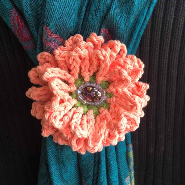soft pink crocheted beaded flower brooch