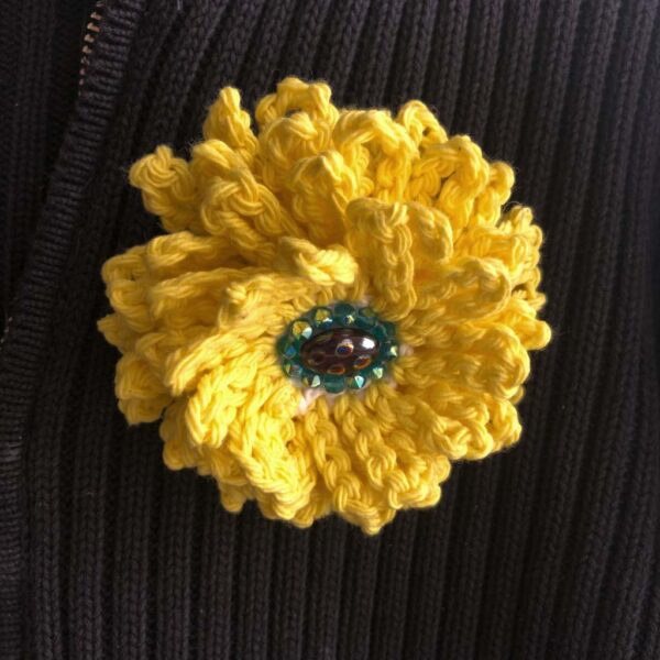 lemon yellow crocheted beaded flower brooch