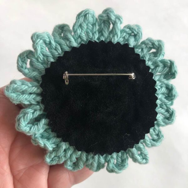 light green crocheted beaded flower brooch