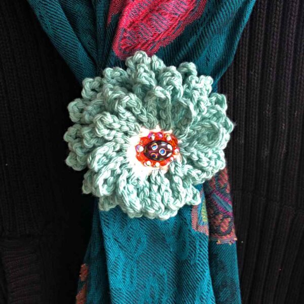 light green crocheted beaded flower brooch
