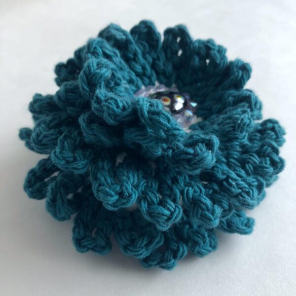 teal crocheted beaded flower brooch