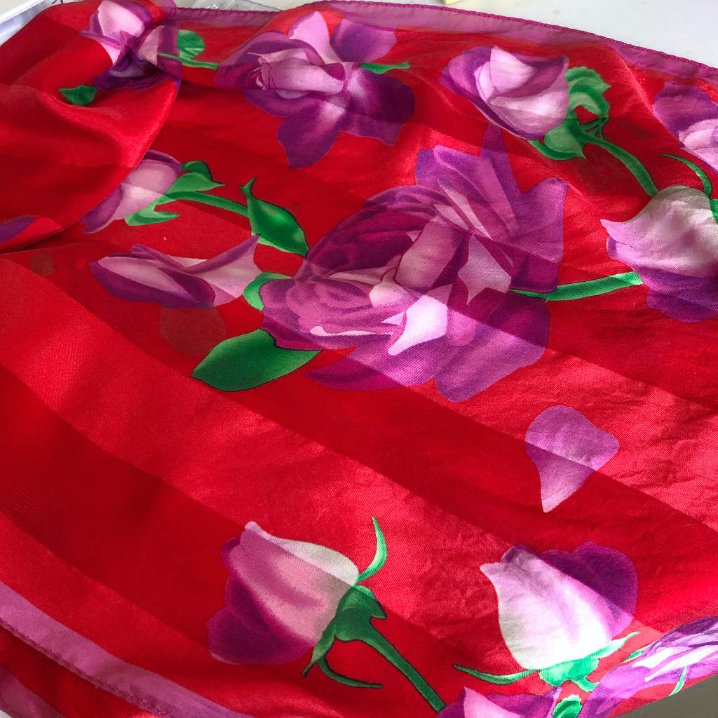 Red Silk Scarf Purple Flowers